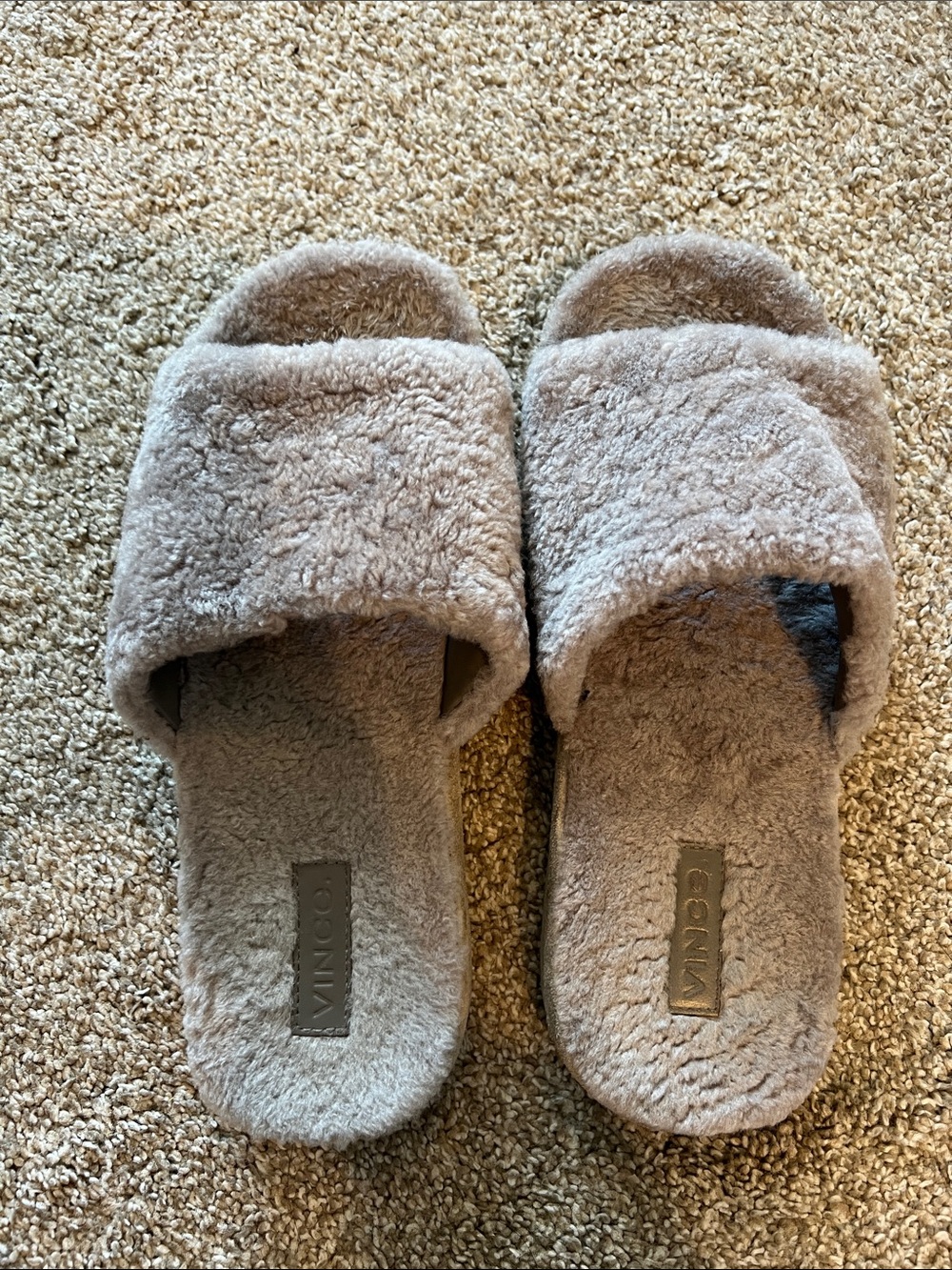 Vince Plush Slide Slippers in Taupe